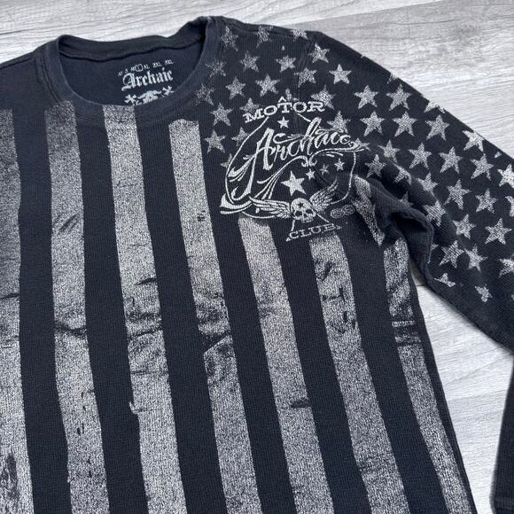 Archaic by Affliction Motor Club Thermal Shirt Black Flag Skull Graphic SZ Large - Picture 2 of 6
